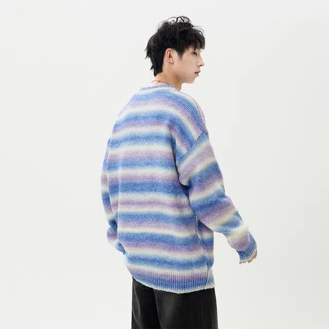棉基因 渐变撞色条纹毛线衣清新森系肌理感厚实内搭休闲运动氛围感职场通勤极简风女装高街美式亲肤打底衣松弛感青少年学院毛衣 男女同款