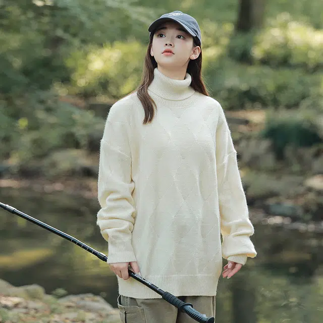 棉基因 高领菱格毛线衣清新森系肌理感厚实内搭休闲运动氛围感职场通勤极简风女装高街美式亲肤打底衣松弛感青少年学院风毛衣 男女同款