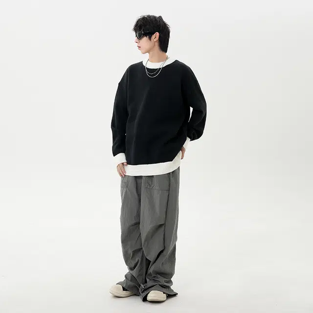 棉基因 撞色毛线衣清新森系肌理感厚实双色内搭休闲运动氛围感职场通勤极简风女装高街美式亲肤拼色打底衣松弛感青少年学院毛衣 男女同款