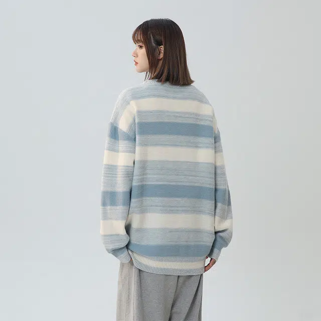 棉基因 条纹撞色渐变毛线衣清新森系肌理感厚实内搭休闲运动氛围感职场通勤极简风女装高街美式亲肤打底衣松弛感青少年学院毛衣 男女同款