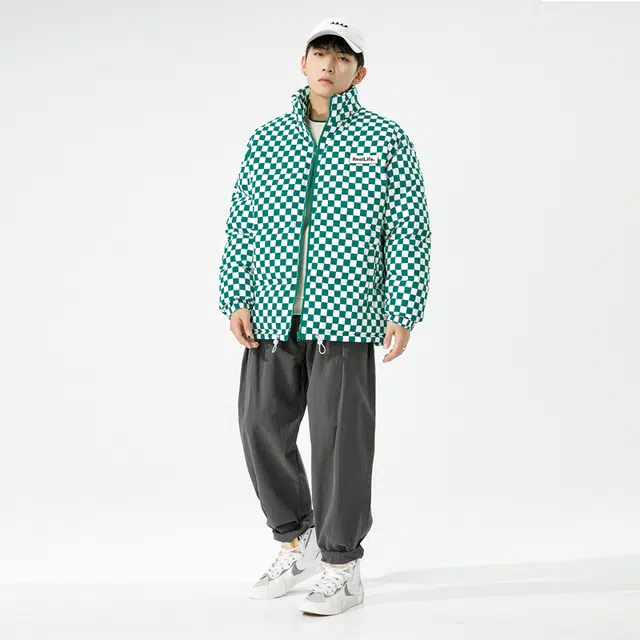 棉基因 冬季棋盘格撞色字母优质棉棒球服保暖高个小个子日系男简约潮流夹棉袄子美式高街工装风青少年职场通勤学院风棉衣外套 男女同款