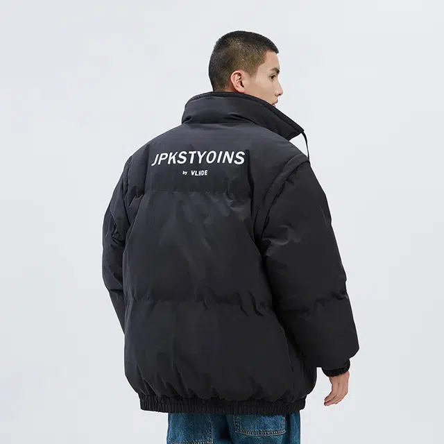 棉基因 冬季可拆卸袖字母马甲棉袄子优质棉棒球服保暖高个小个子日系男简约潮流夹美式高街工装风青少年职场通勤学院风棉衣外套 男女同款