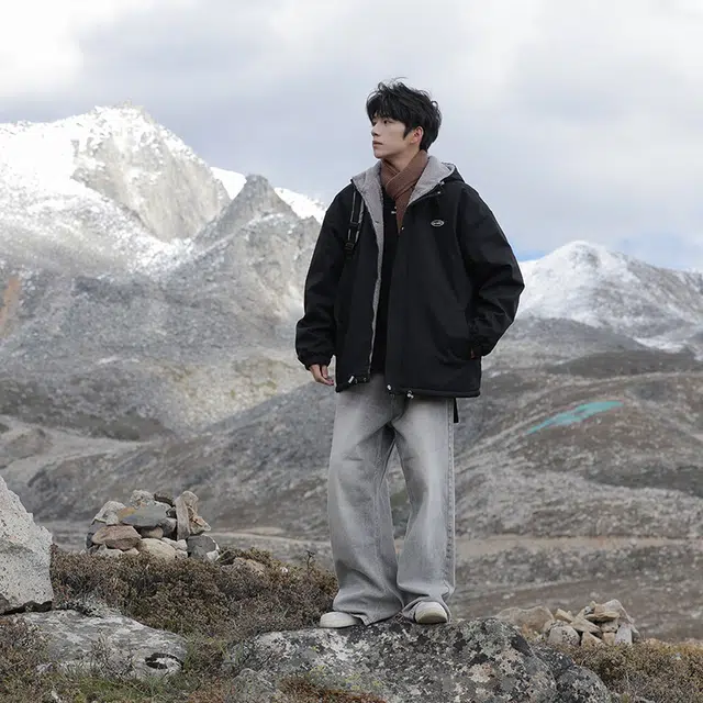 棉基因 冬季连帽羊羔绒双色优质棉棒球服保暖高个小个子日系男简约潮流夹棉袄子美式高街工装风青少年职场通勤学院风棉衣外套 男女同款