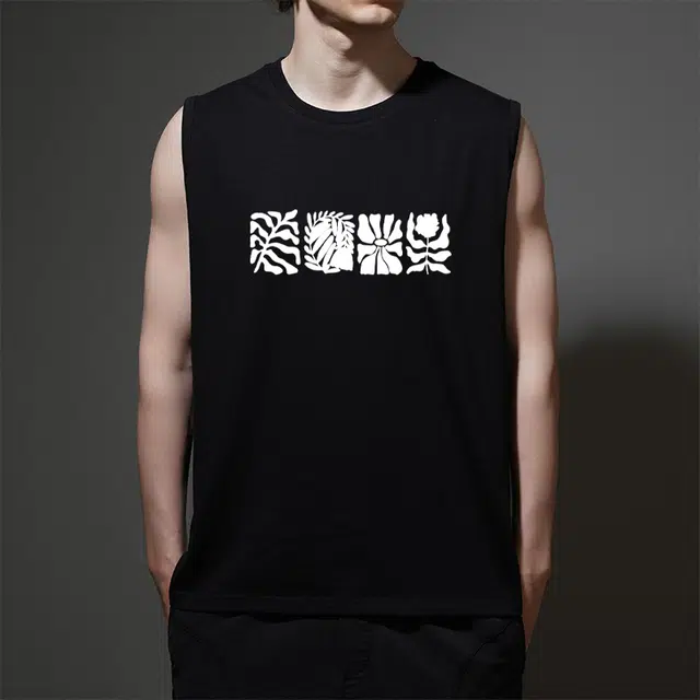 棉基因 夏季宽松圆领纯棉外穿剪影图案打底衫篮球运动数字简约花卉印花坎肩上衣无袖背心 男女同款