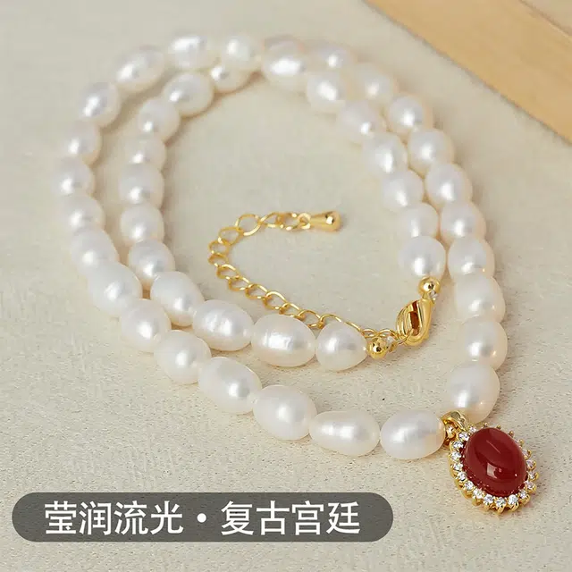 品彩 红色新年圣诞锁骨链  百搭高级感 复古秋冬 显年轻小众设计 淡水珍珠 项链 女款