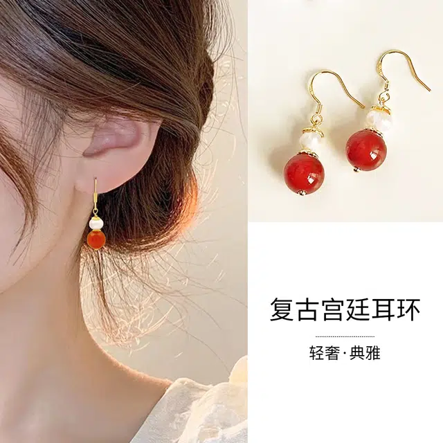 品彩 转运 红灯笼新中式 百搭小众个性时尚 年轻气质轻奢高级感 淡水珍珠 耳环 女款