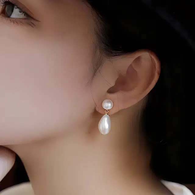 品彩 水滴形大小珠 甜美气质 轻奢年轻 淡水珍珠 耳钉 女款