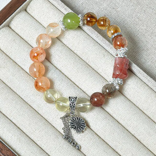 【招财进宝】 品彩 貔貅多宝流苏 八方来财平衡磁场 黄阿塞黑金超七串珠花朵手链小众新国风百搭手饰好运天然 黄水晶 手串 女款