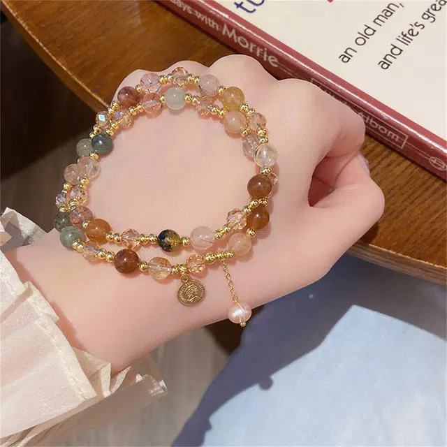 品彩 甜美清新彩发晶双圈 小众设计轻奢高级感 年轻时尚 淡水珍珠 手链 女款