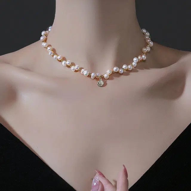 品彩 编织款锁骨链显年轻复古高级感轻奢饰品 淡水珍珠 项链 女款