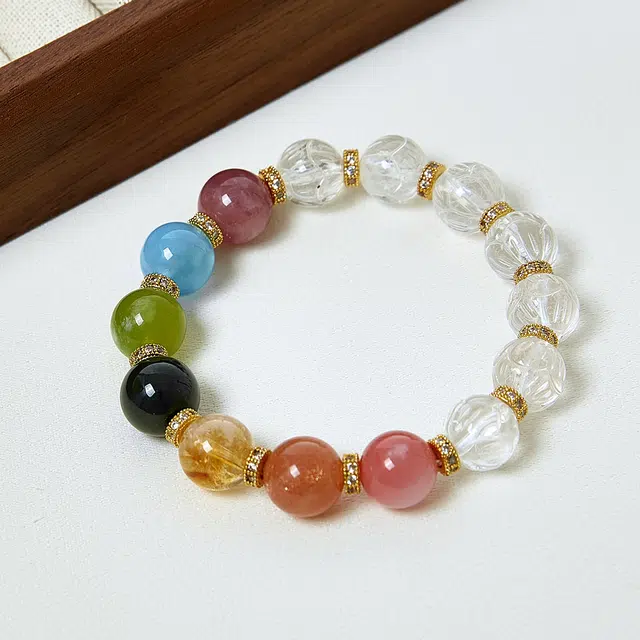 【水逆退散】 品彩 莲花多宝串珠 紫萤石八方来财财运亨通 事业有成 黄阿塞小众设计新国风百搭好运天然 白水晶 手串 女款