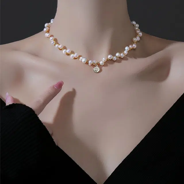 品彩 编织款锁骨链显年轻复古高级感轻奢饰品 淡水珍珠 项链 女款