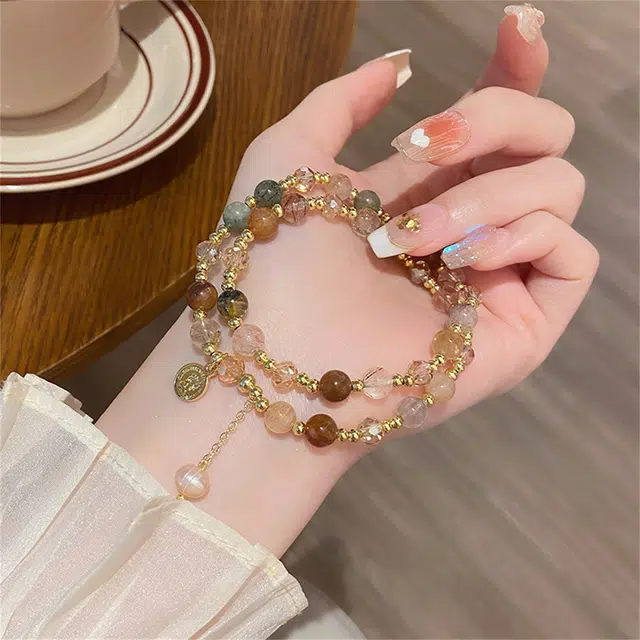 品彩 甜美清新彩发晶双圈 小众设计轻奢高级感 年轻时尚 淡水珍珠 手链 女款