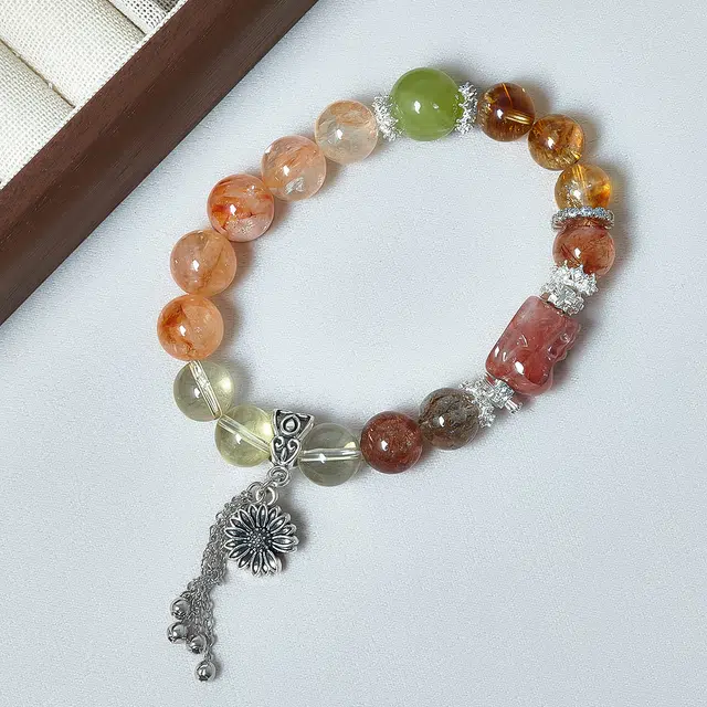 【招财进宝】 品彩 貔貅多宝流苏 八方来财平衡磁场 黄阿塞黑金超七串珠花朵手链小众新国风百搭手饰好运天然 黄水晶 手串 女款