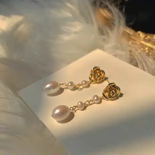 品彩 三珠玫瑰长款流苏银针 轻奢气质优雅 淡水珍珠 耳环 女款
