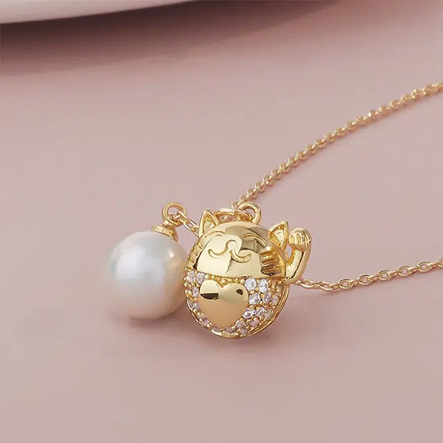 品彩 近圆珠 招财猫 诸事顺利 平安招财 幸运财运 淡水珍珠 项链 女款