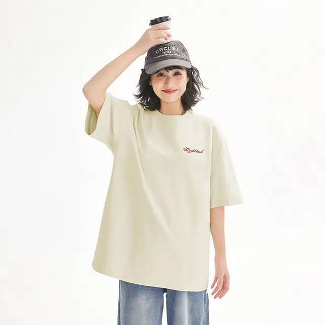 图兰朵 手绘艺术字母美式速干纯棉重磅基础款简约通勤百搭舒适亲肤柔软圆领套头休闲运动潮流短袖宽松潮牌正肩浅色减龄打底衣 男女同款