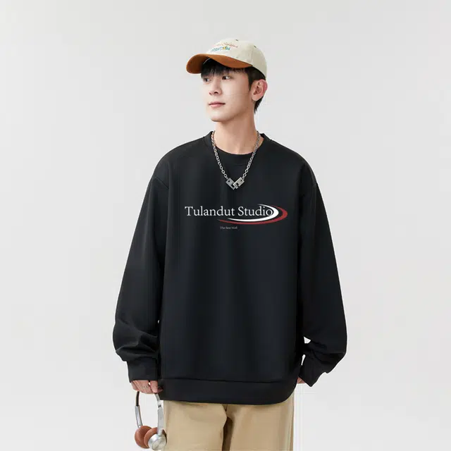 图兰朵 设计感个性字母美式高街学院风纯色印花基础款宽松落肩休闲通勤慵懒舒适亲肤百搭圆领套头秋冬潮流正肩长袖卫衣打底衣 男女同款