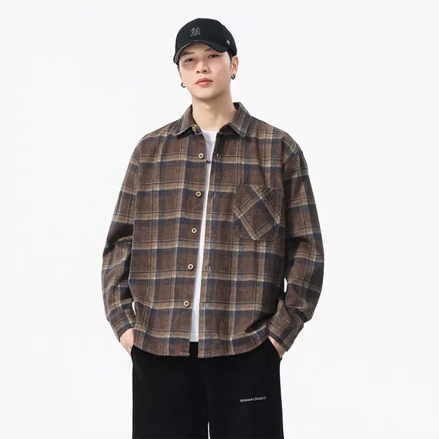 希越 潮牌美式格子口袋长袖上衣复古街头宽松百搭休闲衬衫 男款