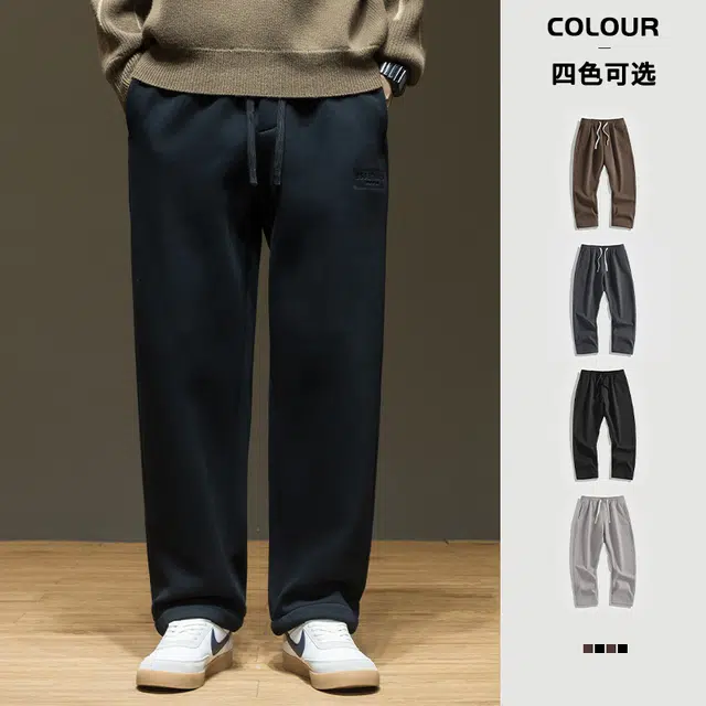 希越 秋冬日系复古重磅加绒潮流刺绣直筒宽松百搭运动休闲裤 男款