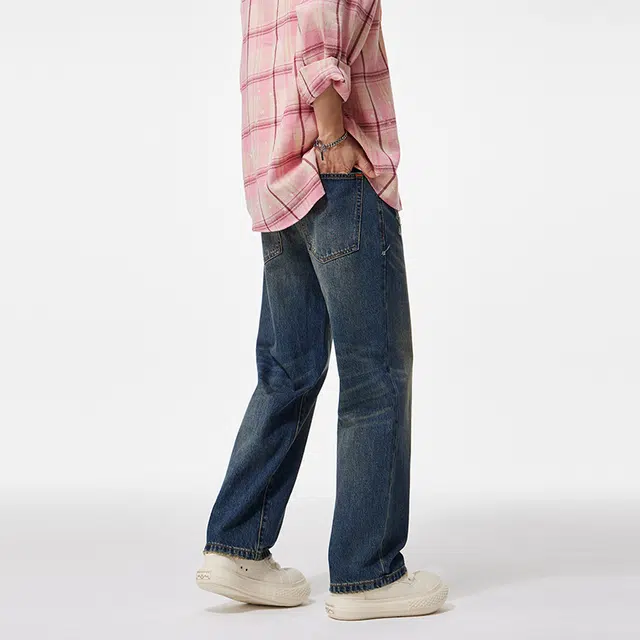 希越 日系水洗复古直筒长裤手工猫须纹理感休闲牛仔裤 男款