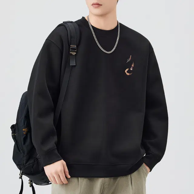 希越 美式复古翎羽刺绣圆领打底衫男士休闲宽松卫衣 男款