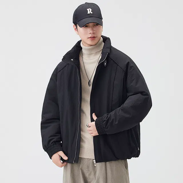 希越 潮牌简约立领夹克日系时尚百搭纯色宽松高级感工装外套羽绒服 男款
