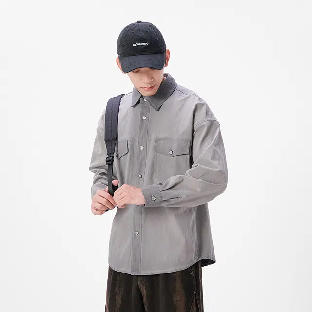 希越 秋季梭织复古做旧晕染外套潮牌大码休闲长袖衬衫 男款