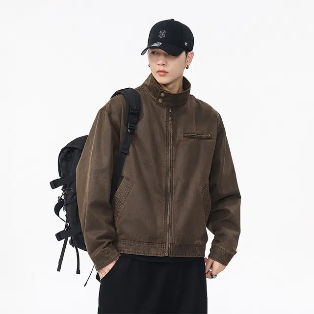 希越 巴安油蜡皮洗褪棉布高级复古表面绒感短宽版型夹克外套 男款