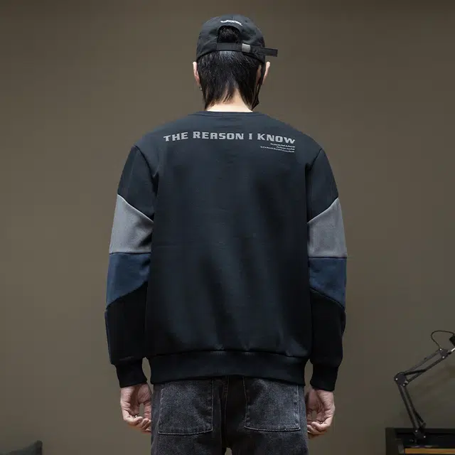 希越 设计感撞色拼接男宽松加肥加大运动衣服圆领外套大码卫衣 男款