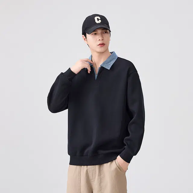 希越 假两件潮牌学院风翻领百搭休闲卫衣 男款