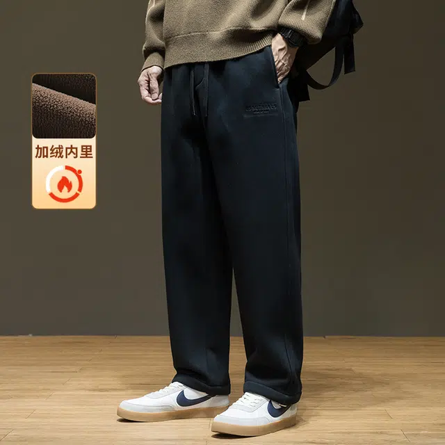 希越 秋冬日系复古重磅加绒潮流刺绣直筒宽松百搭运动休闲裤 男款