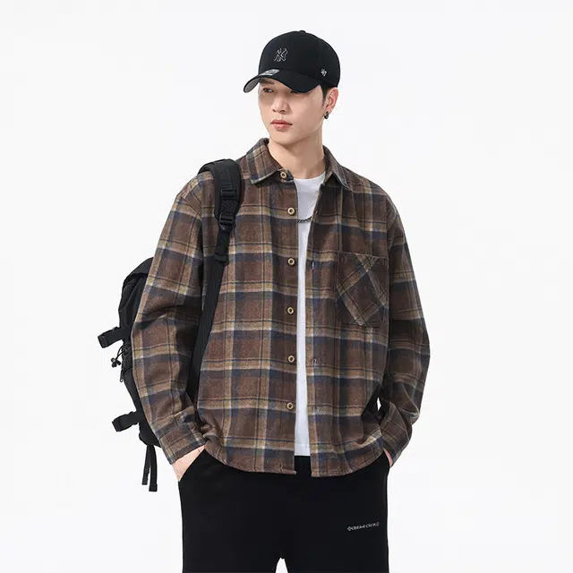 希越 潮牌美式格子口袋长袖上衣复古街头宽松百搭休闲衬衫 男款