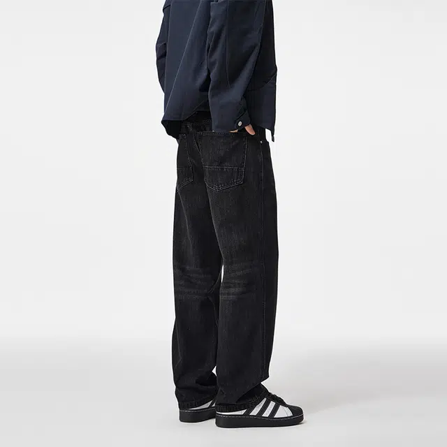 希越 美式阔腿重磅设计感水洗裤子高街复古直筒牛仔裤 男款