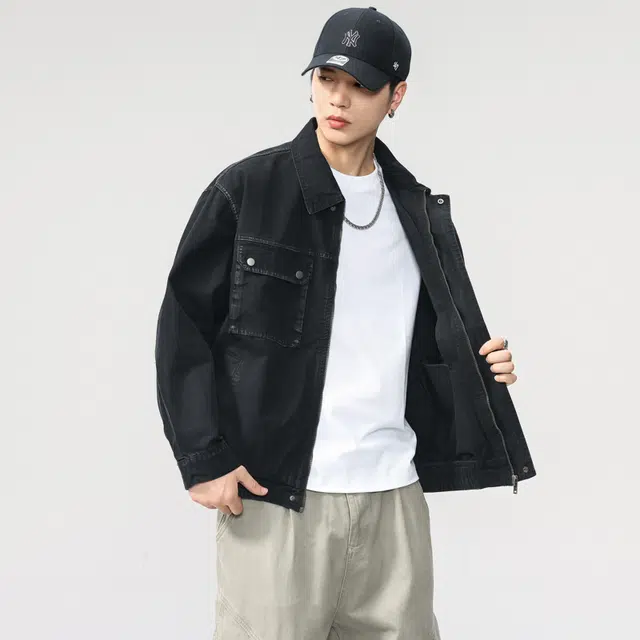 希越 美式痞帅高级感扎染翻领纯棉牛仔上衣春秋季水洗做旧工装外套夹克 男款