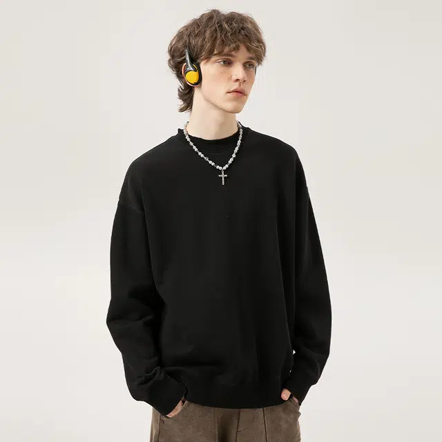 希越 美式刺绣纯棉高街百搭纯色内搭潮牌复古宽松情侣卫衣 男款