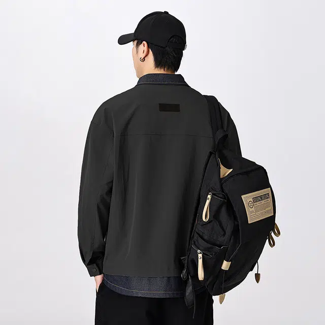 希越 轻户外假两件牛仔拼接设计潮牌翻领外套美式工装夹克 男款