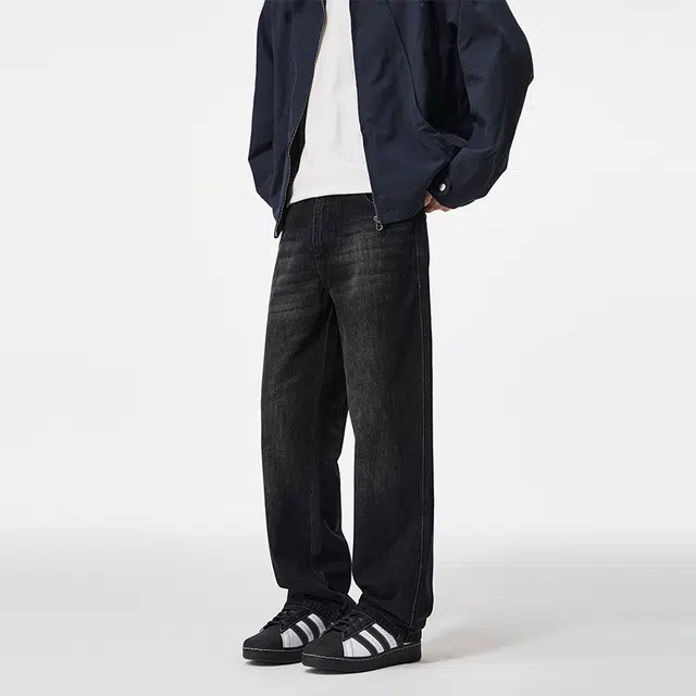 希越 美式阔腿重磅设计感水洗裤子高街复古直筒牛仔裤 男款