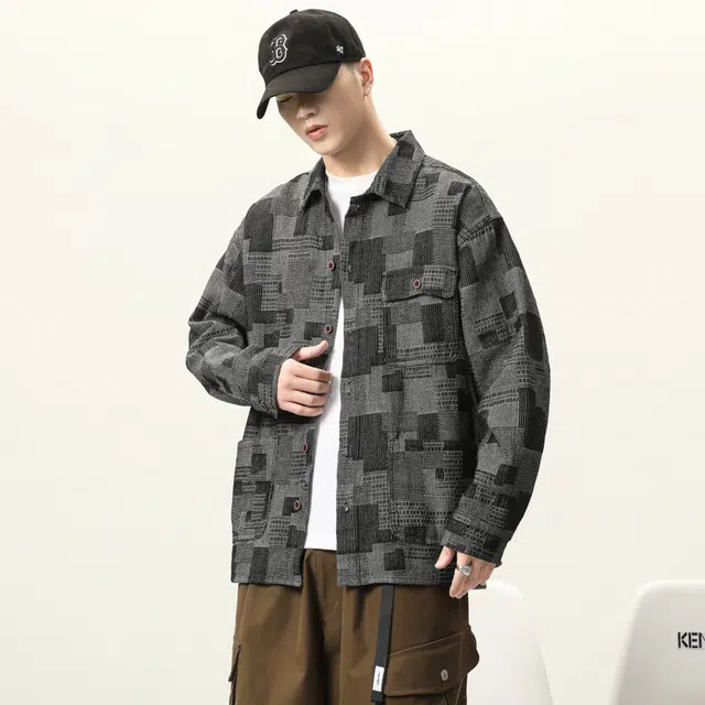 希越 高级感痞帅格子长袖衬衫复古工装牛仔外套春秋水洗休闲夹克 男款