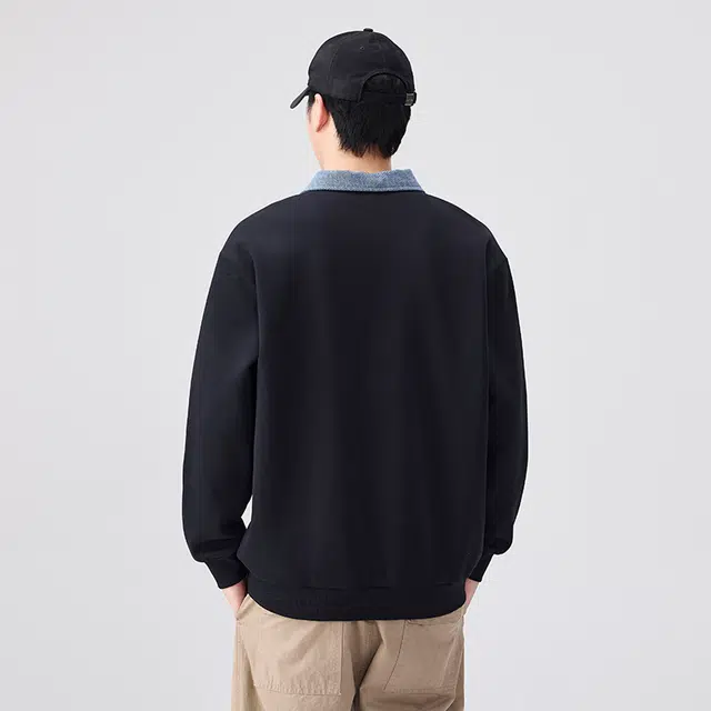 希越 假两件潮牌学院风翻领百搭休闲卫衣 男款