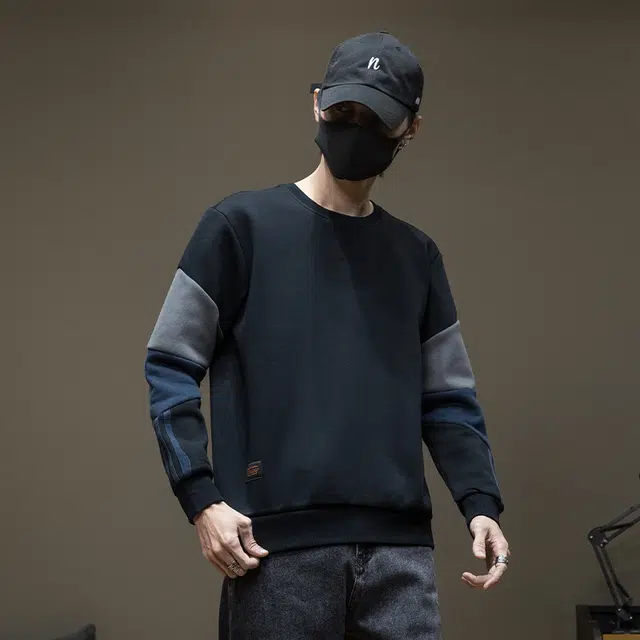 希越 设计感撞色拼接男宽松加肥加大运动衣服圆领外套大码卫衣 男款