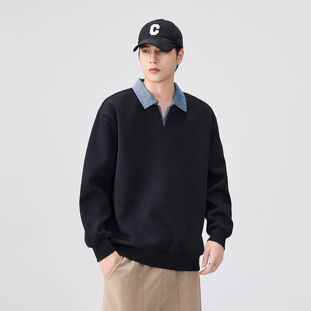 希越 假两件潮牌学院风翻领百搭休闲卫衣 男款