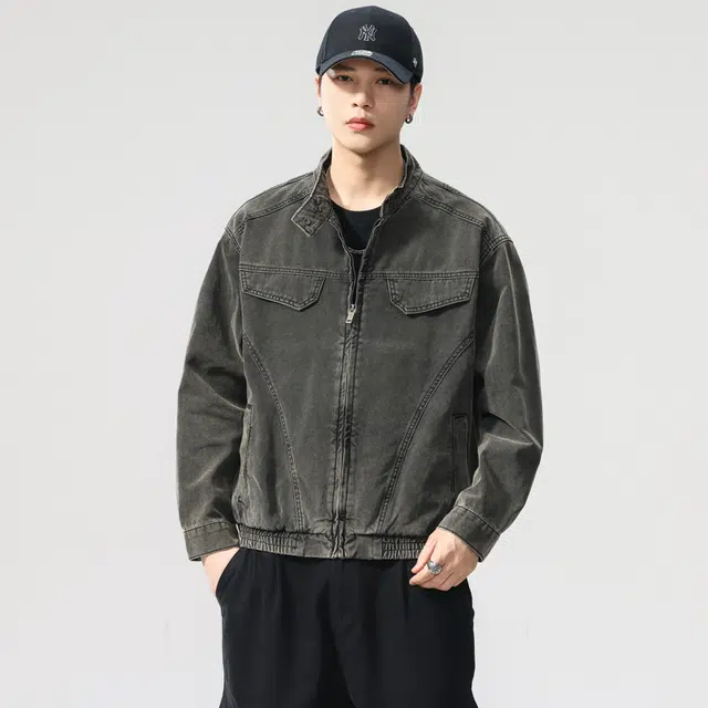 希越 复古高街重结构做旧重磅纯棉水洗美式机车牛仔上衣男士春秋季工装外套夹克 男款