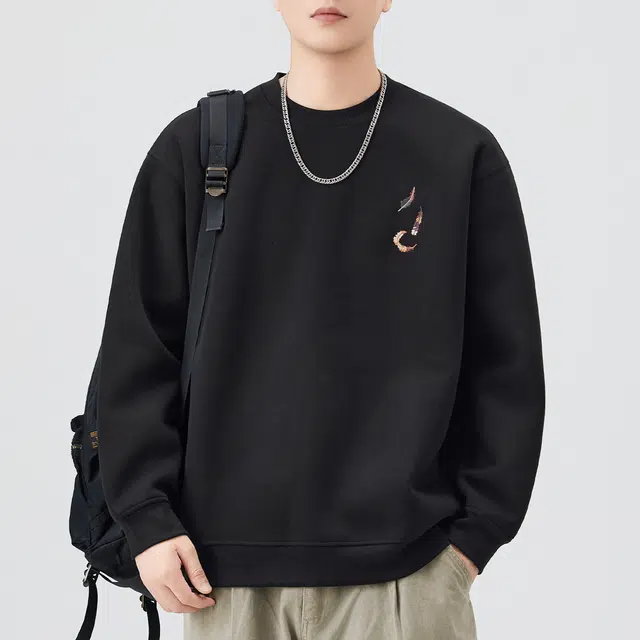 希越 美式复古翎羽刺绣圆领打底衫男士休闲宽松卫衣 男款