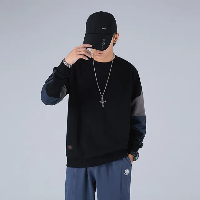 希越 设计感撞色拼接男宽松加肥加大运动衣服圆领外套大码卫衣 男款