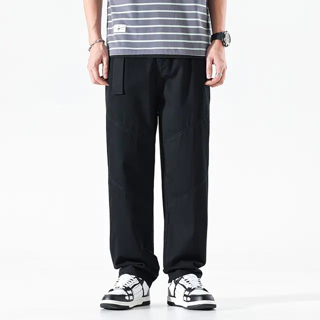 希越 春秋季 潮流日系复古纯棉拼接直筒休闲裤 男款