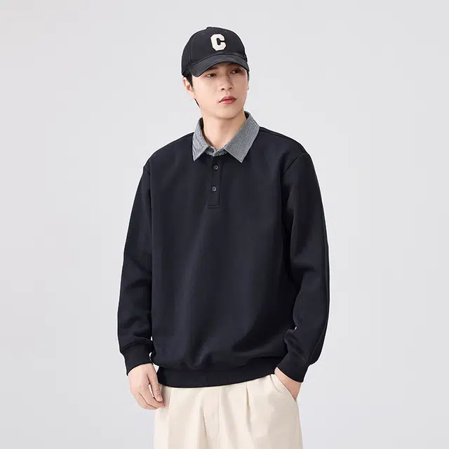 希越 假两件撞色拼接衬衫领长袖翻领宽松卫衣 男款
