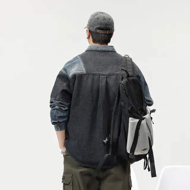 希越 美式拼接牛仔衬衫外套潮牌复古撞色宽松大码工装夹克 男款