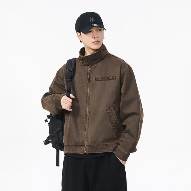希越 巴安油蜡皮洗褪棉布高级复古表面绒感短宽版型夹克外套 男款