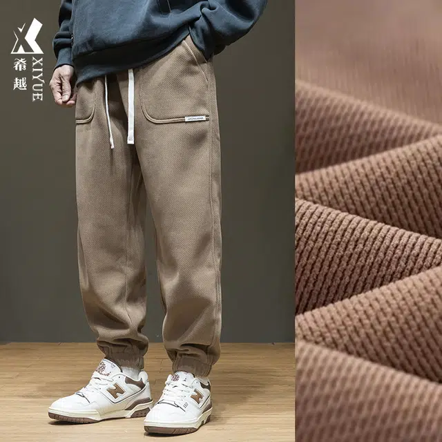 希越 美式日系简约雪尼尔运动束脚长裤子秋冬季奥粒绒宽松大码加绒加厚卫裤推荐休闲裤 男款